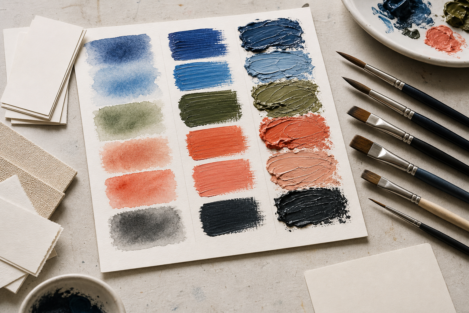 Confronto di pennellate per acquerello, acrilico e olio